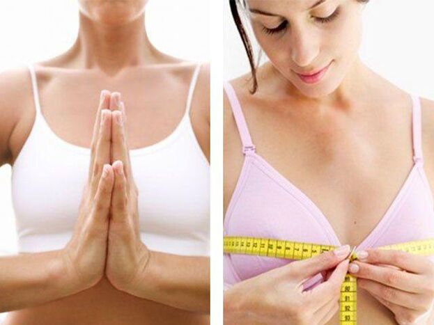A girl measures the volume of her breasts after exercise.